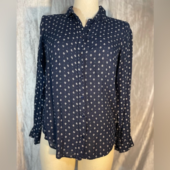Midnight Sky rayon button down collared blouse- navy with white ship anchors - Picture 10 of 10